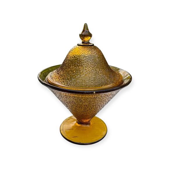 Vintage Amber Glass Covered Candy Dish - Picture 1 of 9
